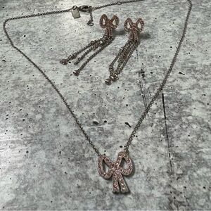 Authentic coach silver Bow necklace and earrings set pink rhinestones